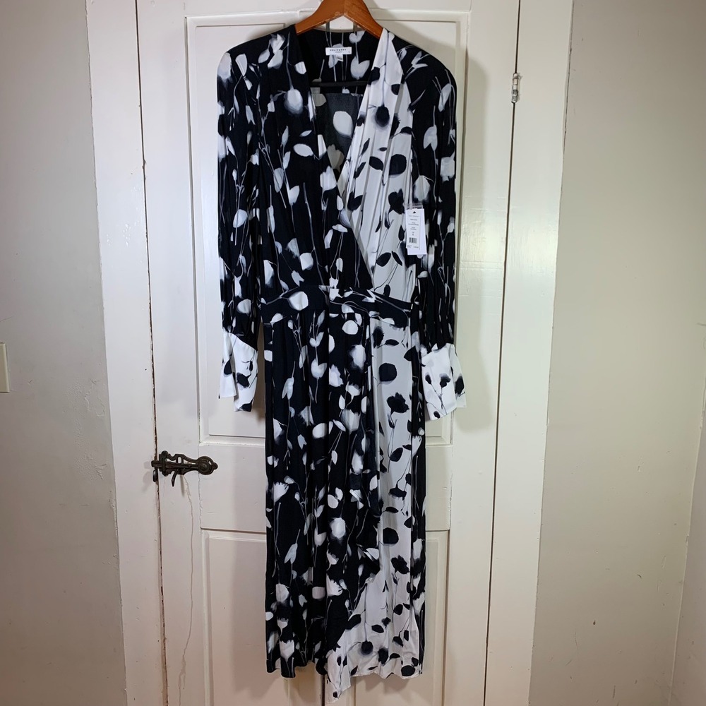 Equipment Femme Neema Dress Black White Floral Wrap Midi‎ Flowy Luxury NWT $495